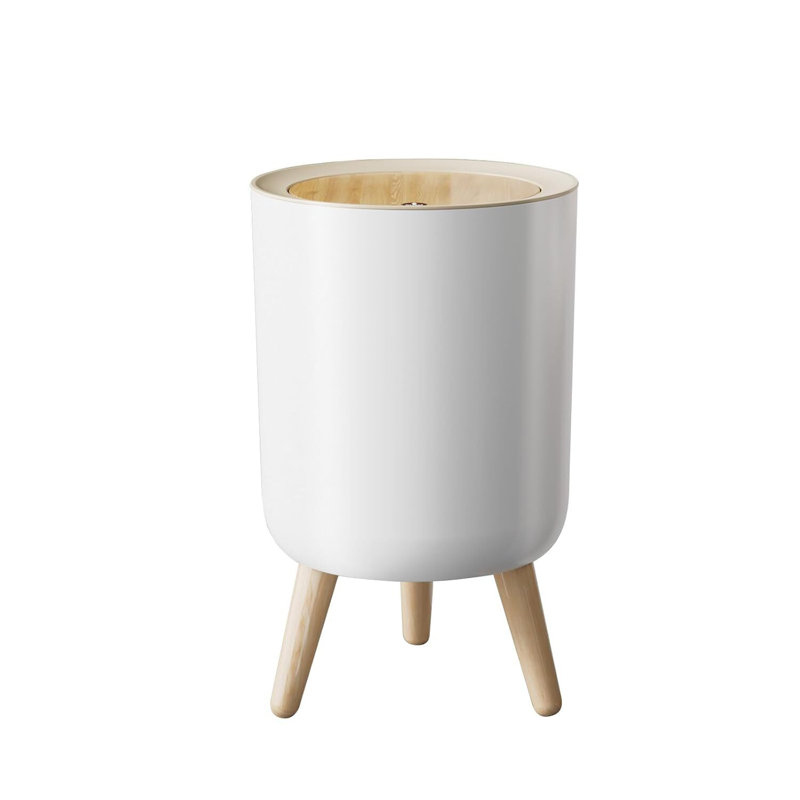 Poubelle blanche moderne avec pieds en bois et couvercle à touche unique