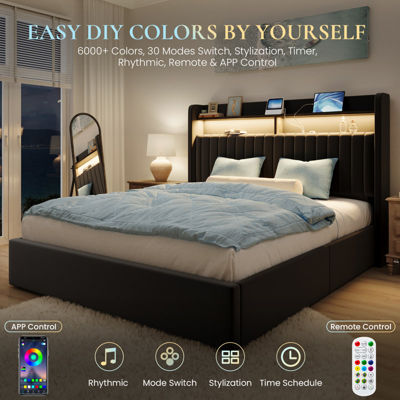 Hydraulic Lift Up Storage Upholstered Platform Wingback LED Bed With 2-Tier Shelves And Charging Station, Full, Black