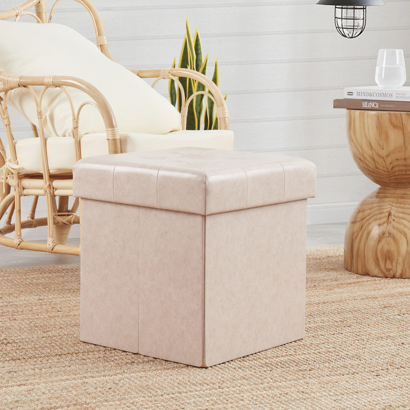 Repose-pieds de rangement carré en similicuir de 15 po de largeur, Crème