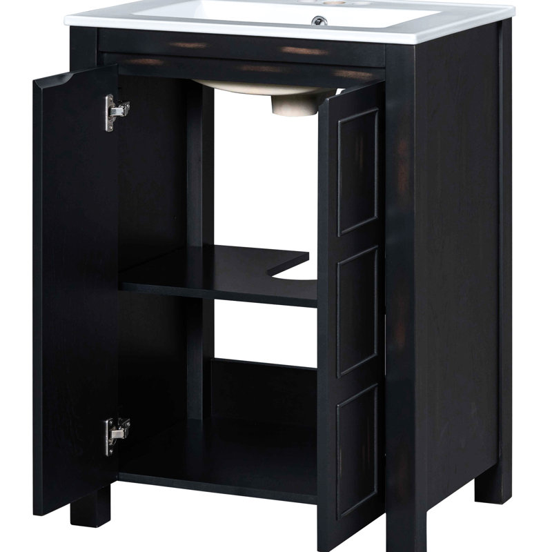Meuble-lavabo de 24 pouces. Design rétro. Évier en céramique. Bois massif +. Cabinet. Portes à fermeture en douceur. Rangement polyvalent. 24 x 18,3 x 33,8 couleur de meuble-lavabo. Vaste espace de rangement.
