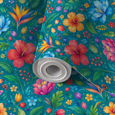 Papier peint adhésif décoratif à motif floral tropical vibrant d'hibiscus et de fleurs colorées, amovible et facile à poser, idéal pour les locataires, pour chambre, salon, cuisine, salle de bain ou mur d'accent.