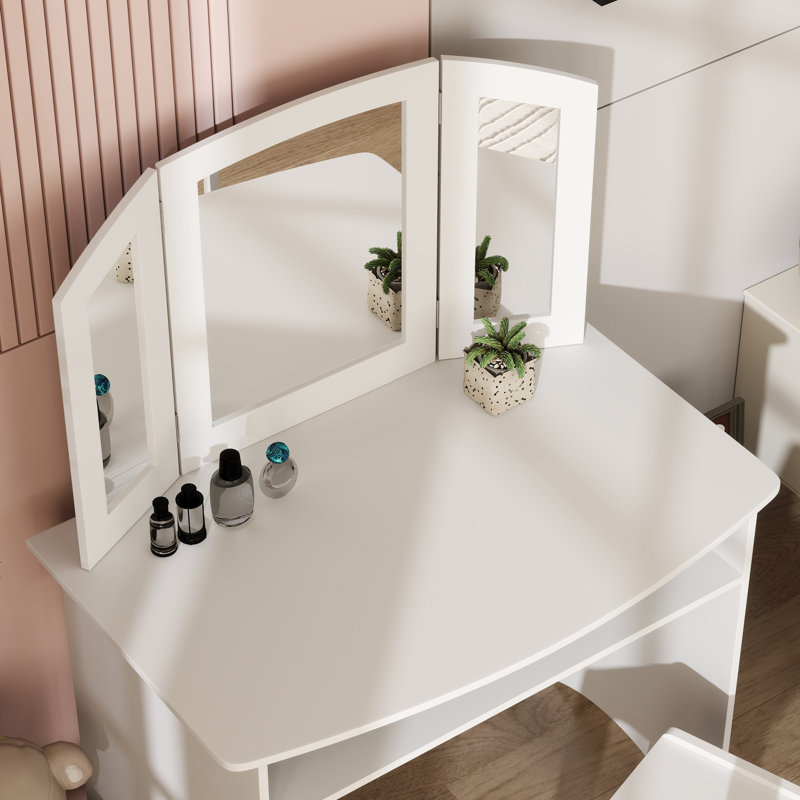 Ensemble de coiffeuse Harriet Bee Kids, table de maquillage 2 en 1, table de jeu avec tabouret à miroir pliant, tablette de rangement, plateau amovible, pour petites filles de 3 à 8 ans, blanc
