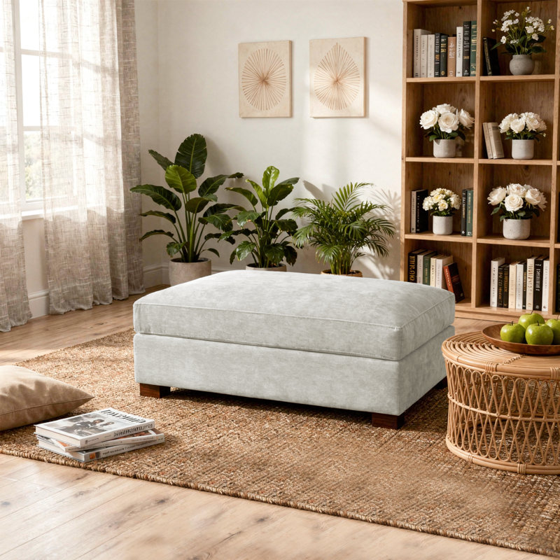 Repose-pieds rembourré rectangulaire en chenille blanc cassé, partie modulaire simple pour canapé modulaire, Blanc cassé