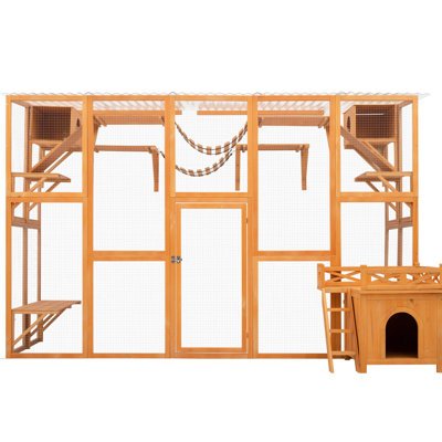 Outdoor Cat House Made Of Natural Wood: Playground With 6 Platforms, 2 Bridges, Scratching Posts, Sleeping Houses & Wood Kennel Large Shelter Weather Protected Hut