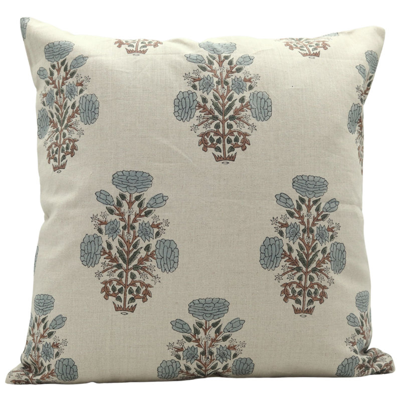 Block Print Throw Pillow Cover MNHGRTLSquare, Square 22", Blue Floral 1