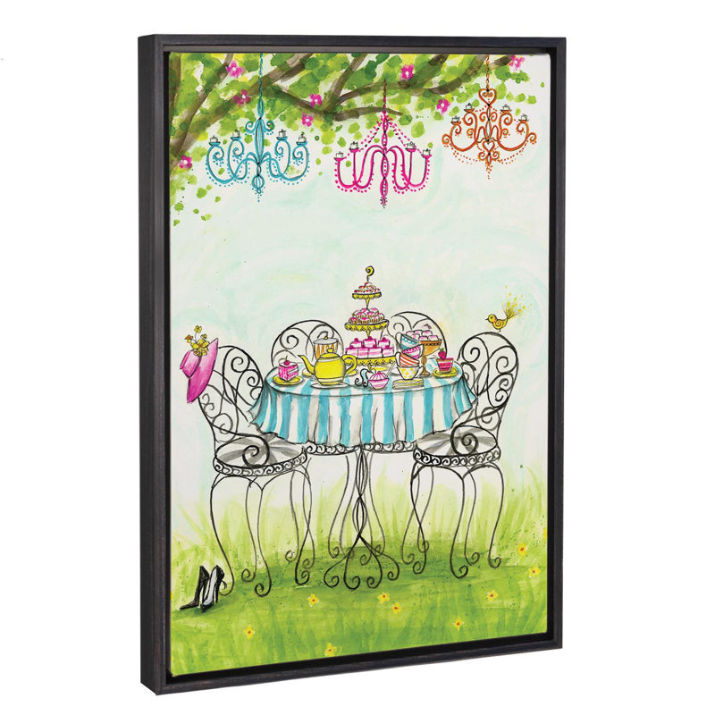 Art de jardin tea party, H 26 po x l 18 po x P 1,5 po, Toile avec cadre noir patiné
