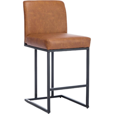 Tabourets de bar 24 po, tabourets de bar à hauteur de comptoir avec dossier, tabourets de bar modernes en cuir de polyuréthane pour îlot de cuisine, chaise de bar rembourrée avec repose-pieds en métal noir, paquet de 1, brun