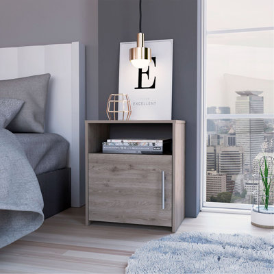 Nightstand, Single Door Cabinet, Metal Handle, One Shelf, Superior Top, Light Grey