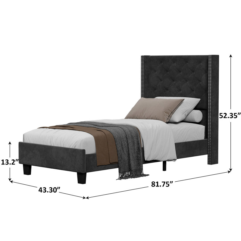 Meriton Wingback Upholstered , Metal frame, No Box Spring, Plywood Slats, Black, Twin