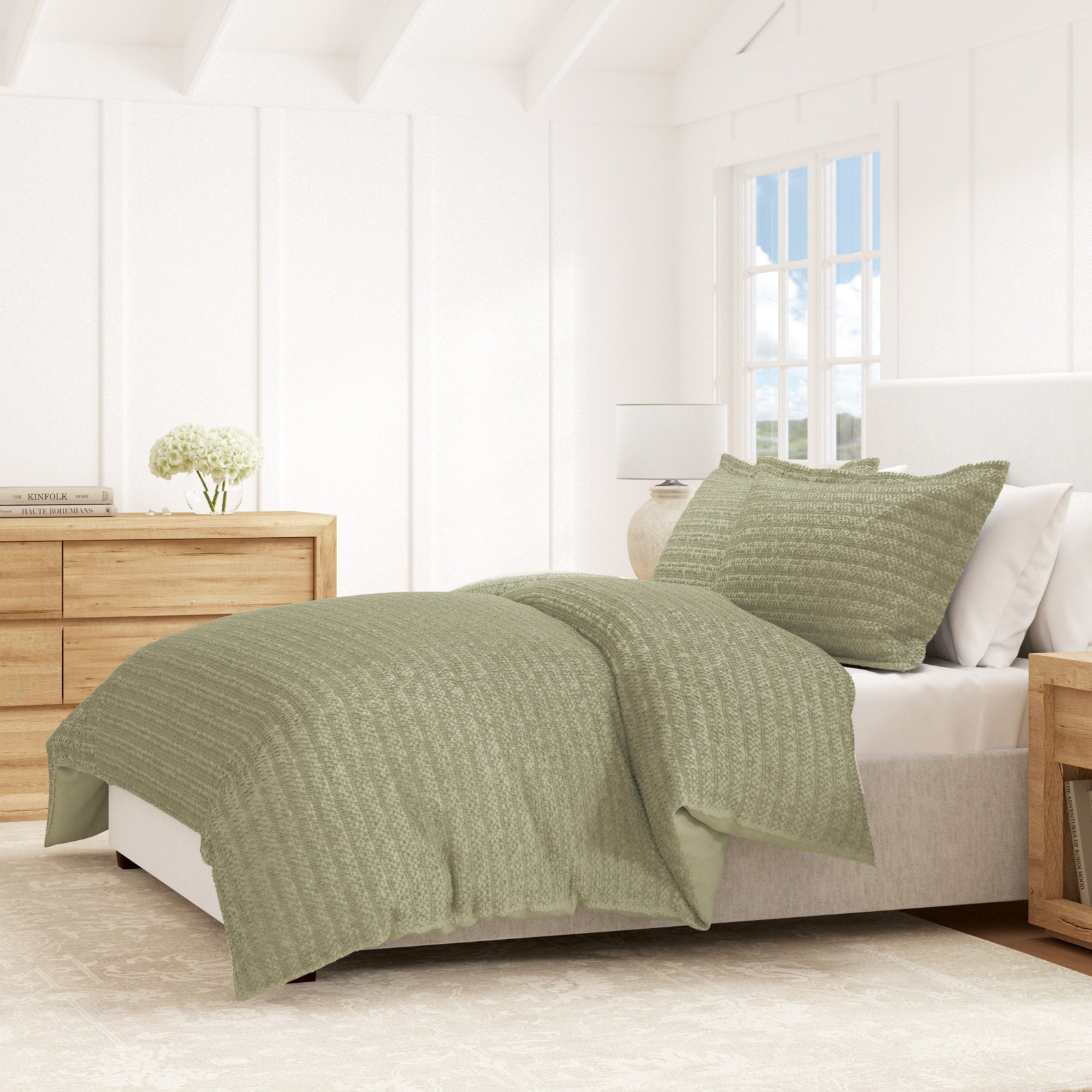 Waffle Cotton Duvet Cover Set, Eucalyptus Green, King / California King Duvet + 2 Shams