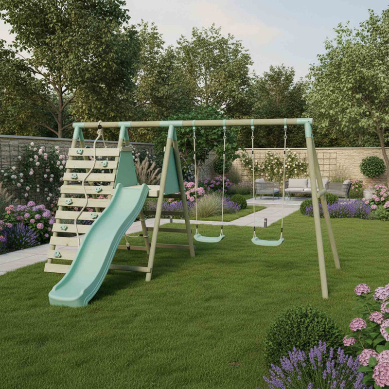 Mercia Wooden Round Pole Double Swing With Climbing Wall & Slide