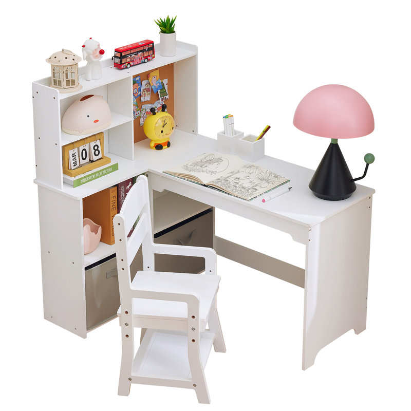 Ensemble de bureau en coin et chaise pour enfants, table d'étude en L pour enfants, Blanc