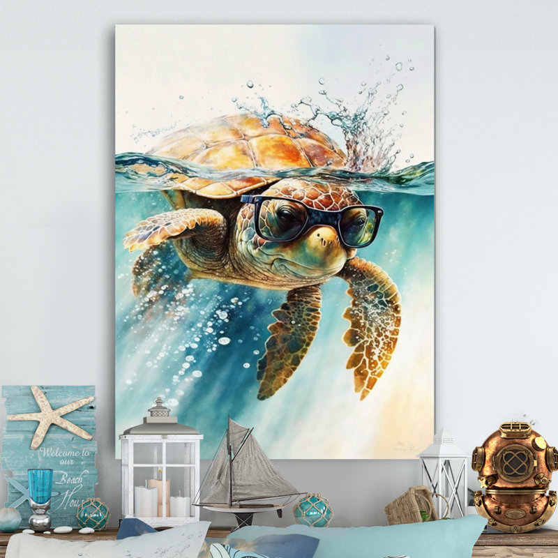 Tortue avec des lunettes dans l'océan III - Tortue, art mural, H 20 po x l 12 po, Toile tendue, Sans cadre
