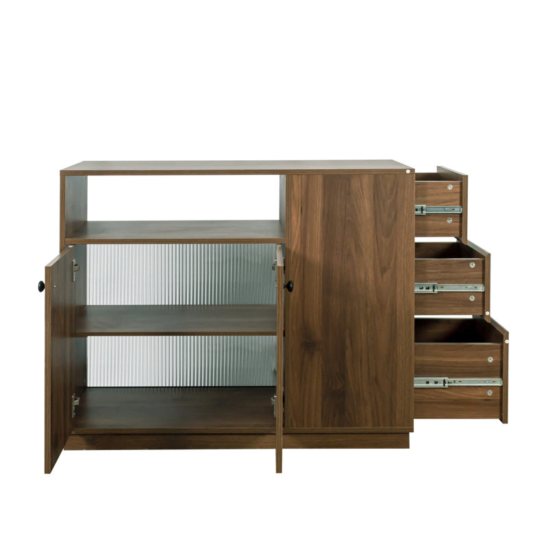 Kitchen Counter Cabinet With 2 Glass Sliding Doors And 3 Side Drawers, Suitable For Reception Room Office, Made Of Wooden Structure Finish, 37.5 In Wide, 30.72 High, 13.32 Deep Countertop Dining