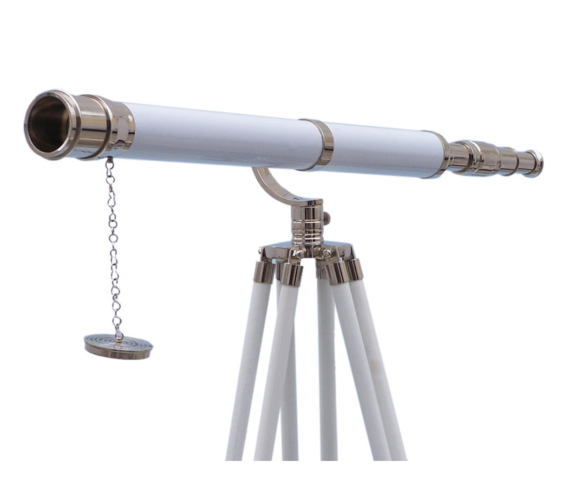 Handmade Copper Decorative Telescope, Chrome/White Leather