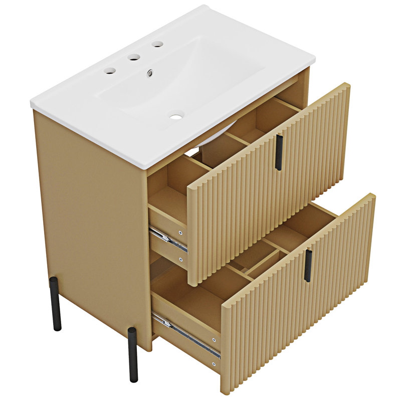 Meuble-lavabo autoportant avec lavabo en céramique, Naturel