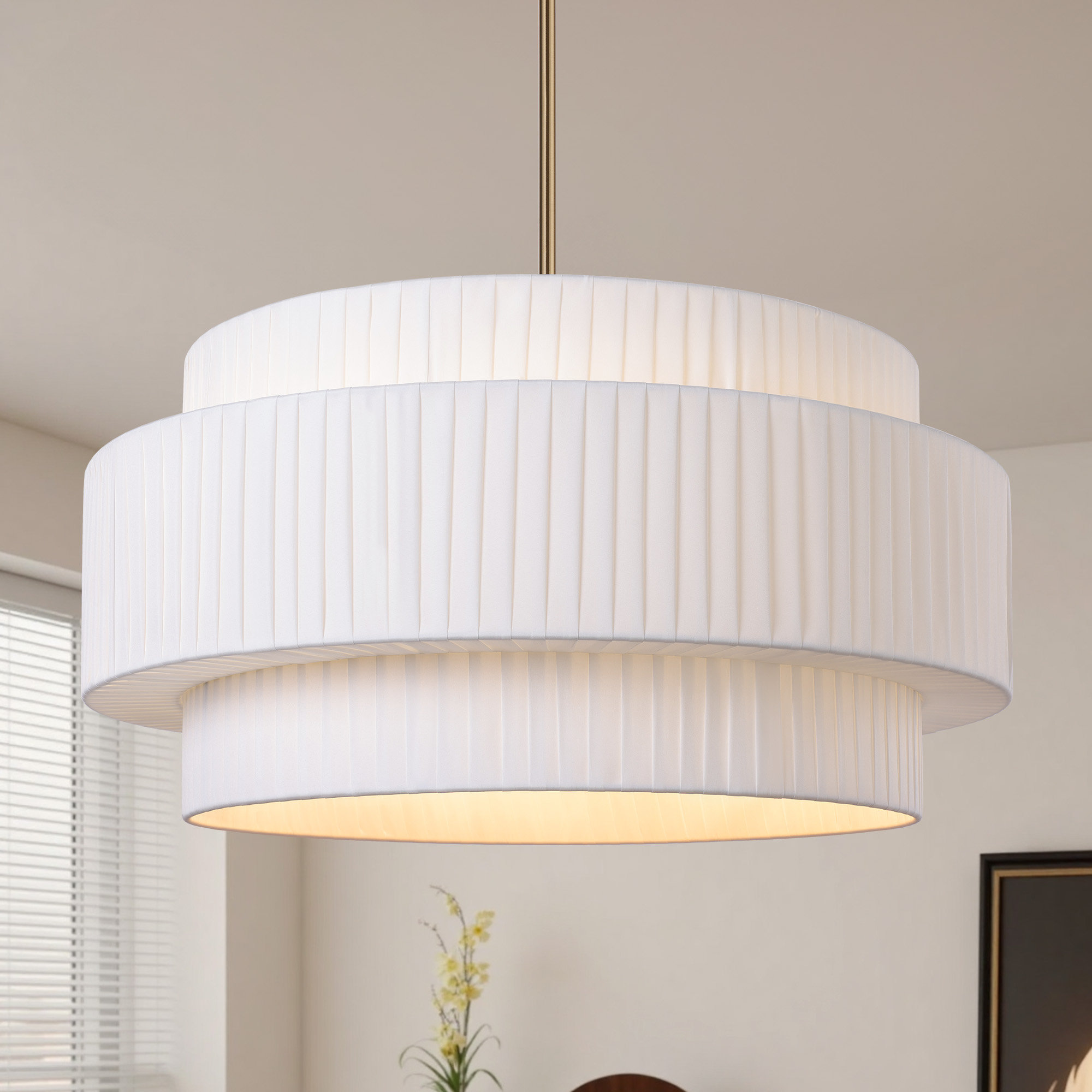 Reihan 5-Light 23.6” Dimmable Pleated Drum Chandelier, Brushed Gold