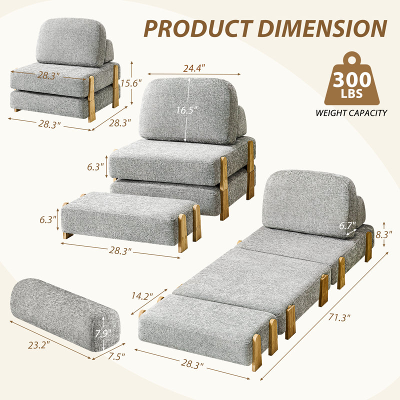 Folding Sofa Bed, 2 in 1 Convertible Sleeper Chair with Pillow & Back Support for Living Room, Bedroom, Home Office, Gray