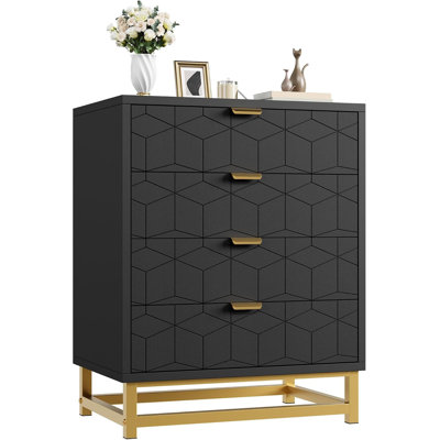 Commode en bois à 4 tiroirs avec poignées dorées, style moderne pour chambre à coucher, noire
