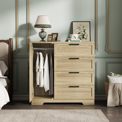 Armoire-penderie moderne en bois naturel - armoire de rangement de 43,3 po de hauteur avec porte, 4 tiroirs et tringle, organisateur de vêtements pour chambre à coucher, buanderie et vestiaire
