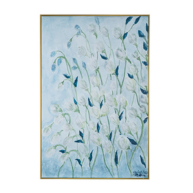 Large Blue and White Floral Canvas Painting with Brown Frame