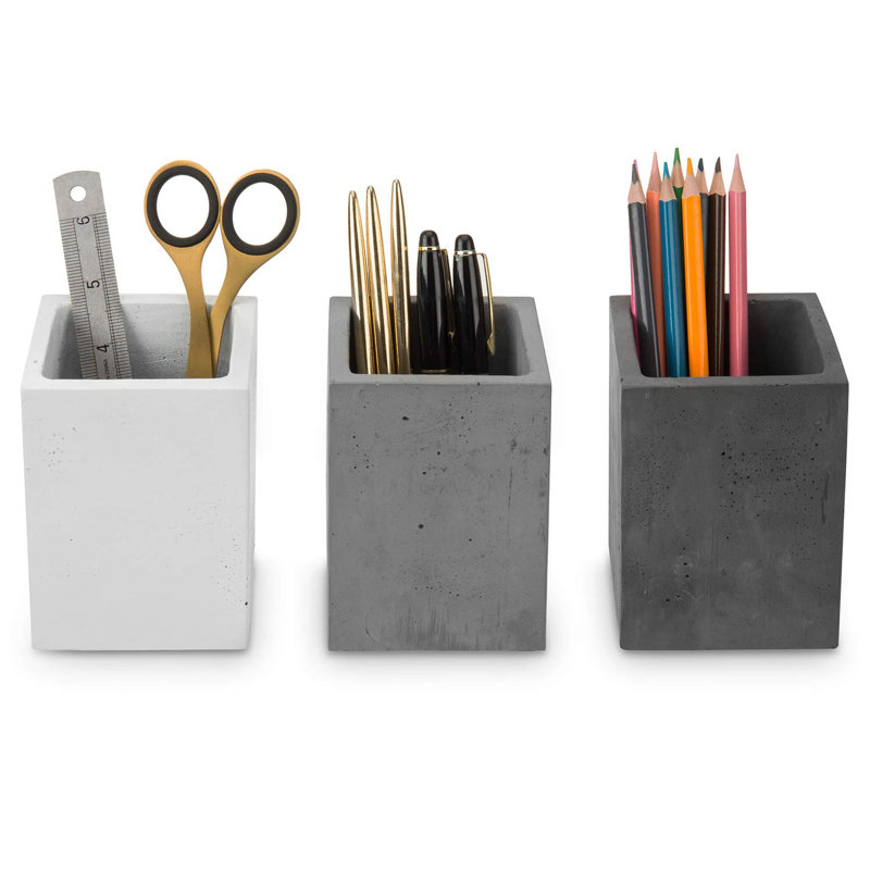 Set of 3 Gray and White Concrete Square Pen Holders