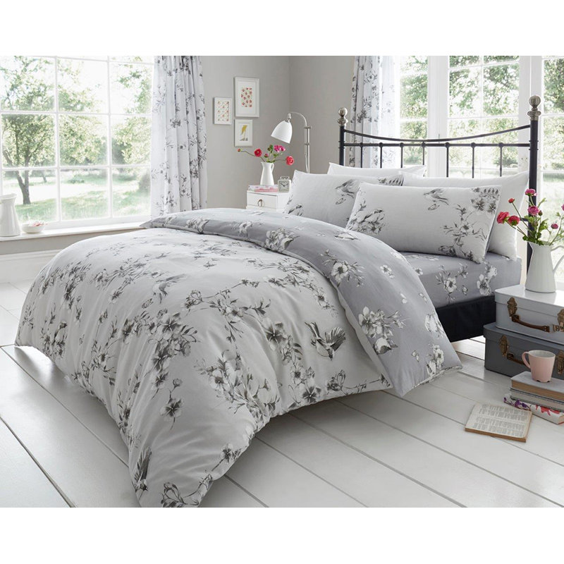 Birdie Blossom 144 TC Modern & Contemporary Duvet Cover Set, Grey, King