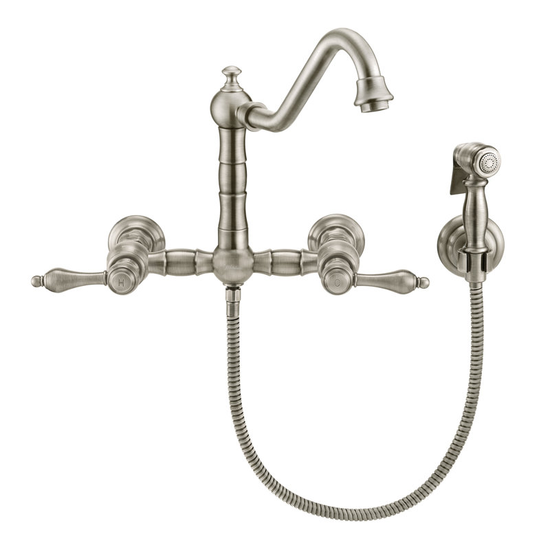 Whitehaus Wall Mount Faucet with Long Traditional Swivel Spout and Solid Brass Side Spray, Brushed Nickel, Cross