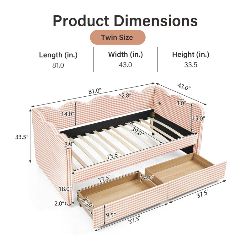 Gingham Daybed With 2 Storage Drawers And Usb Port, Wave-shaped Design, Pink, Twin