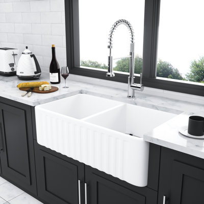 33 Inch Double Bowl White Ceramic Kitchen Sink - Extra , Heat , Scratch Chipping Discoloration Enchanting 50/50 And Elegant
