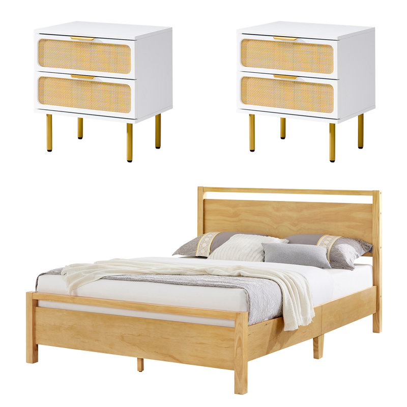 Ensemble de chambre à coucher 3 pièces Boho Rattan Design, Très grand