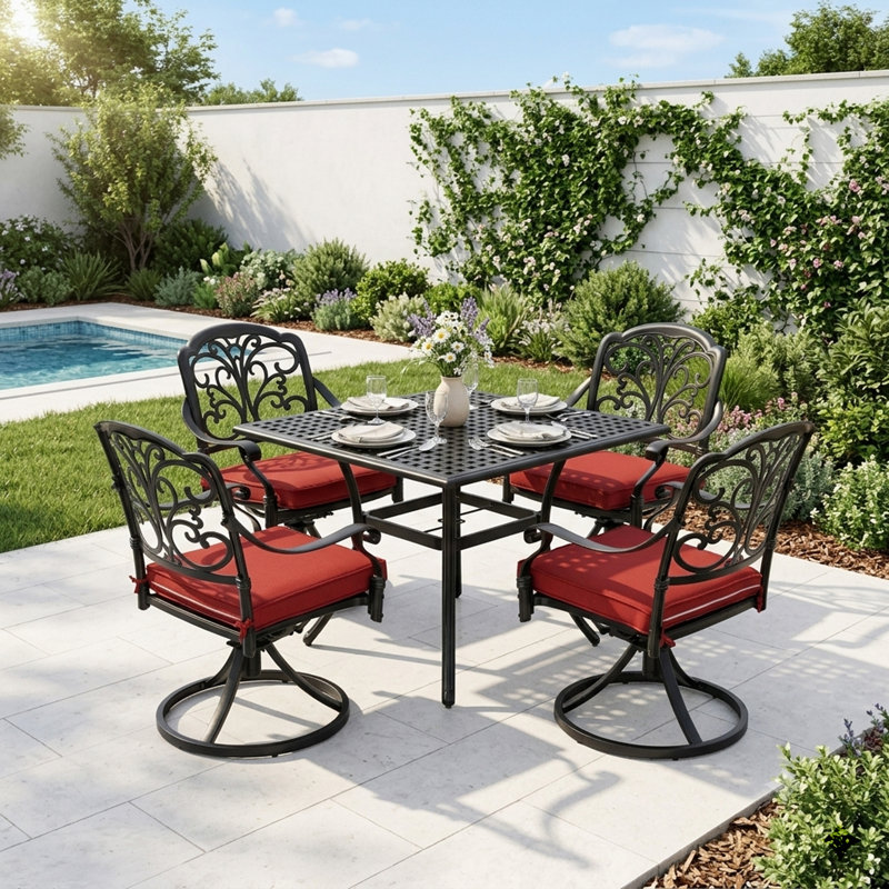 Ensemble repas 5 pièces en fonte d'aluminium avec trou pour parasol et chaises pivotantes