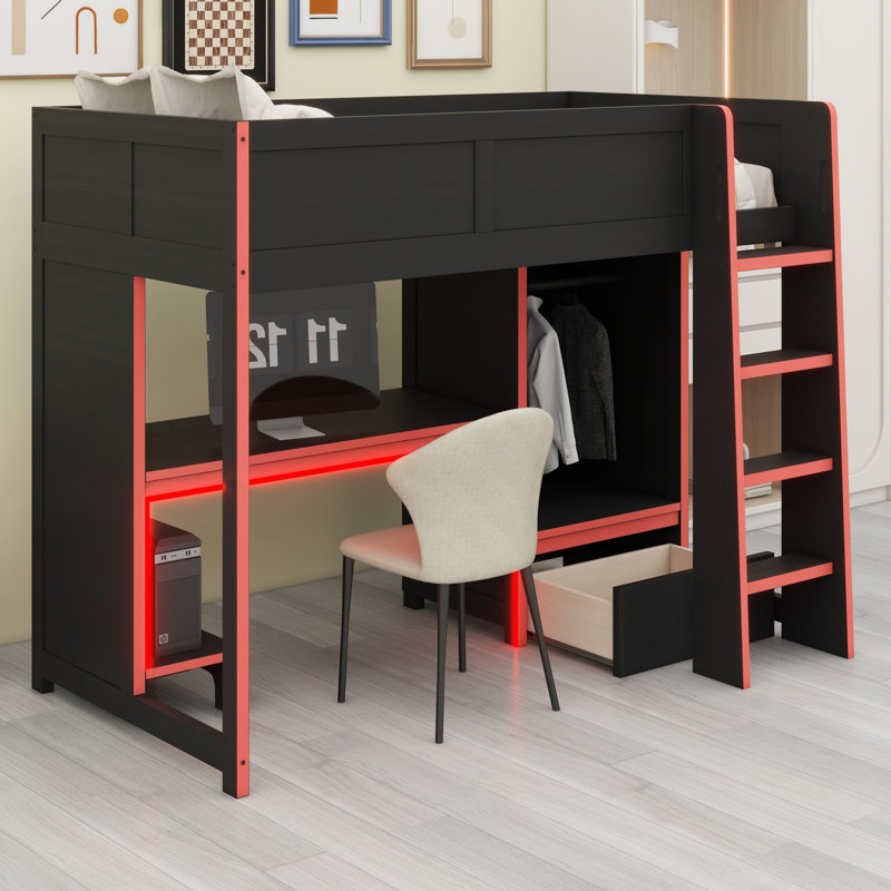 Lit mezzanine en bois avec bureau intégré, garde-robe, DEL et tiroir, Lit simple
