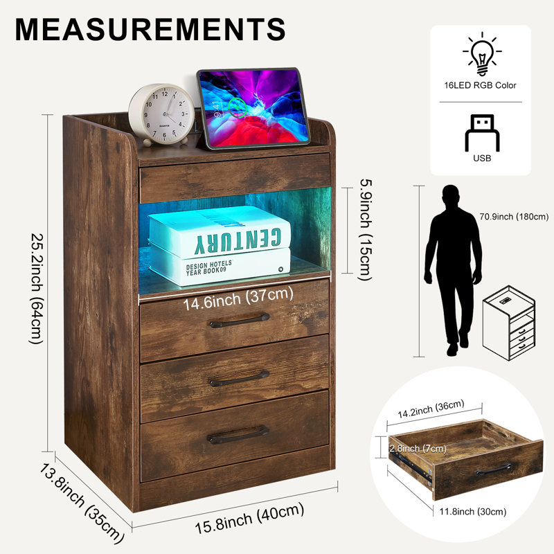 Table de chevet avec station de charge et lumières DEL, table de bout avec 3 tiroirs et tablettes de rangement, table de chevet avec ports USB et prises de courant pour chambre à coucher