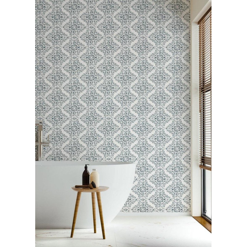 Lady Charlotte Timbre Damask 10' L x 25" W Peel and Stick Wallpaper Tile, Stone Blue, Non-pasted, Faux Grasscloth
