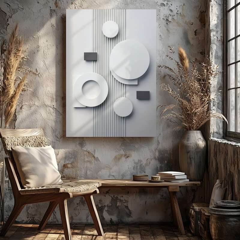Toile, composition minimaliste mettant en vedette une série de formes circulaires blanches de tailles variées et quelques petites impressions sur toile géométriques foncées