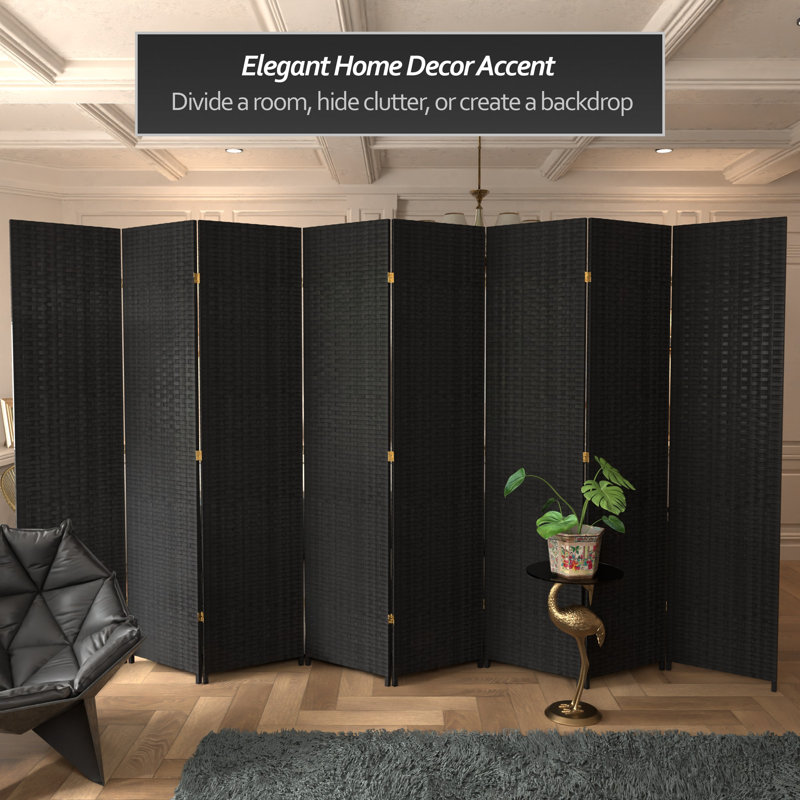 Amitis 7 Ft. Tall Woven Fiber Folding Room Divider, 8, Black, 84'' H x 156'' W x 1'' D