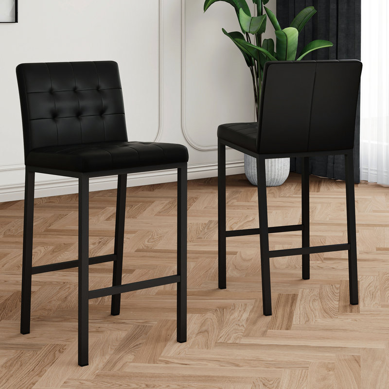 Tabouret de bar en polyuréthane noir avec structure en métal robuste, siège en éponge épaisse pour le confort, bar adapté, structure à pieds avec 2 chaises, établissements de salle à manger raffinés (2 pièces