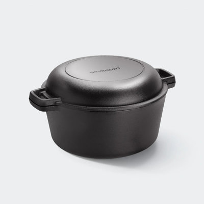 Overmont 2-in-1 Dutch Oven, 5 Qt Pre-Seasoned Cast Iron with Skillet Lid & Handle Covers