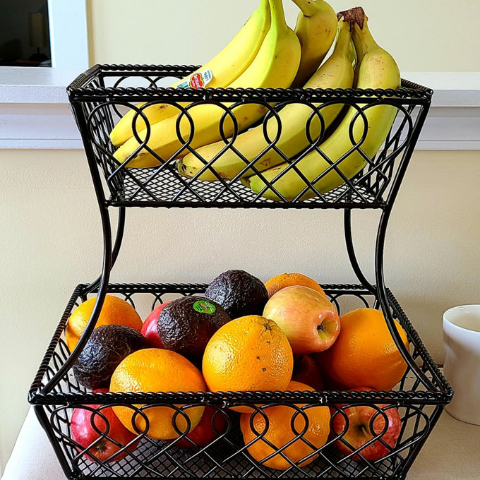 Gourmet Basics by Mikasa Loop and Lattice 2-Tier Metal Rectangular Fruit Storage Basket, 14-Inch, Antique Black