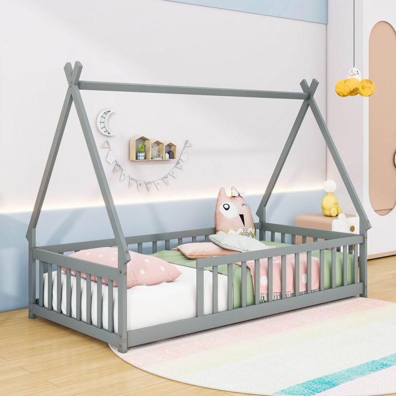 Twin Bed With Guardrails And Slats, Gray