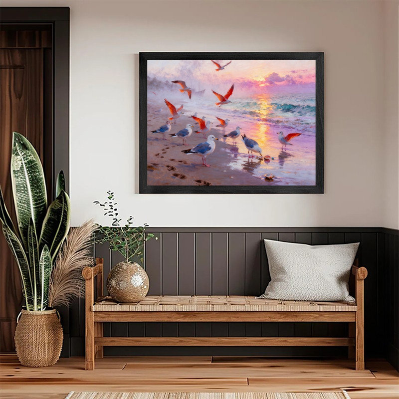 Coucher de soleil noir mouette, art de plage, paysage côtier de rêve, estampes encadrées, H 25 po x l 37 po