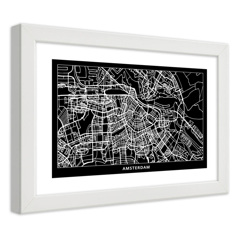 Amsterdam City Map - Single Picture Frame Print, White, 60cm H x 90cm W