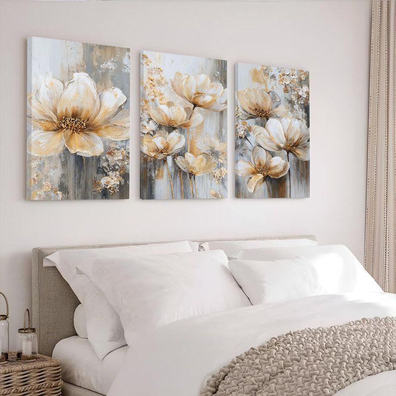Tableau abstrait floral sur toile tendue (ensemble de 3), H 24 po x l 48 po