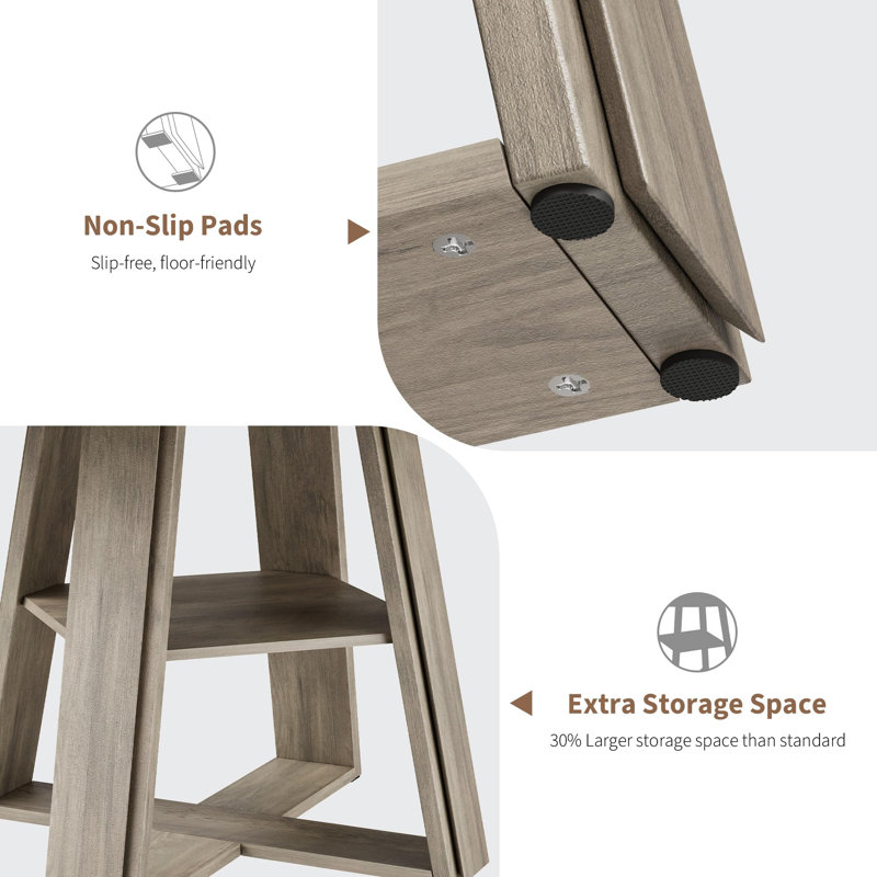 Table de salle à manger extensible ronde à ovale, piètement en bois avec tablette de rangement, Gris