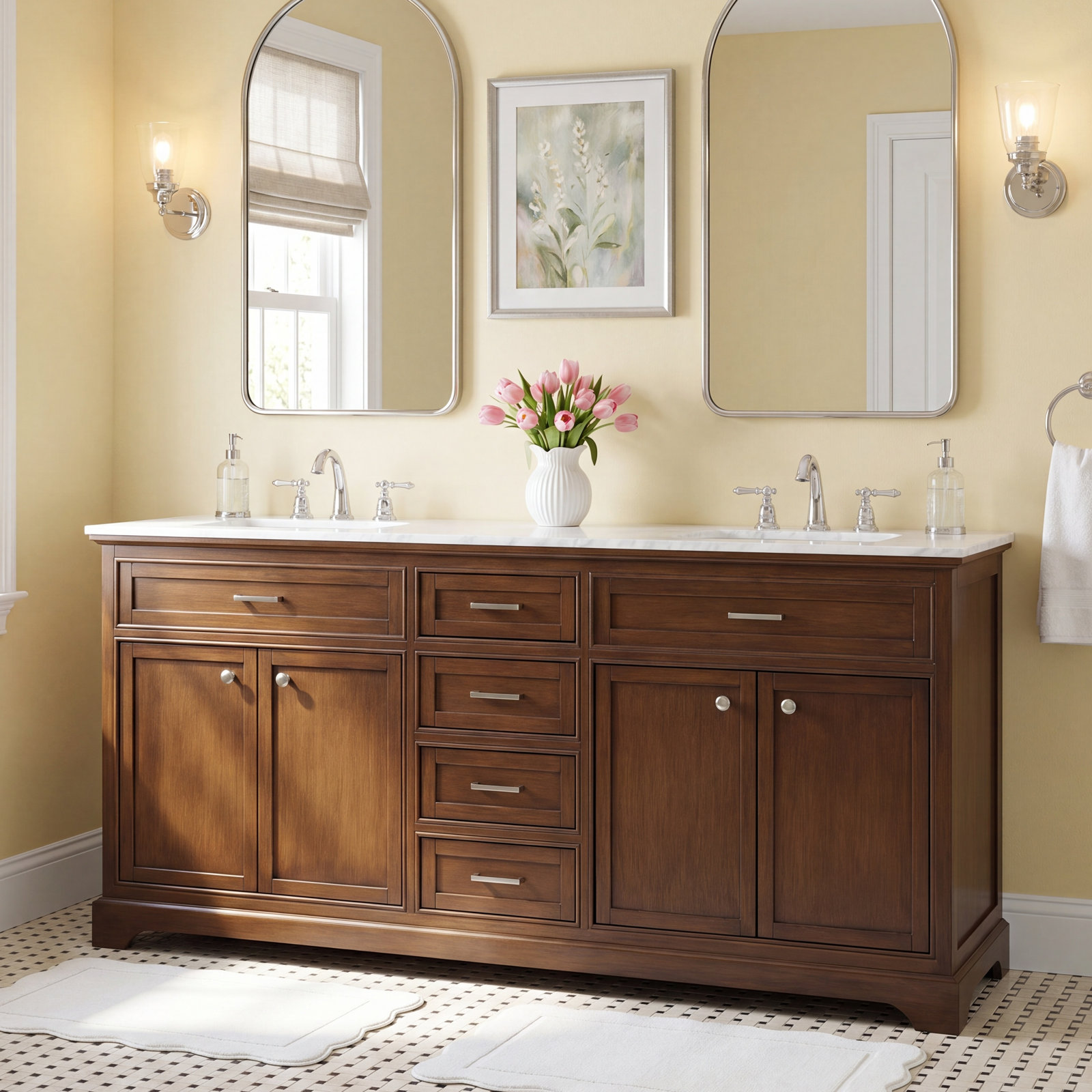 Hermes 72'' Double Bathroom Vanity, Dark Teak, Carrara White Gray
