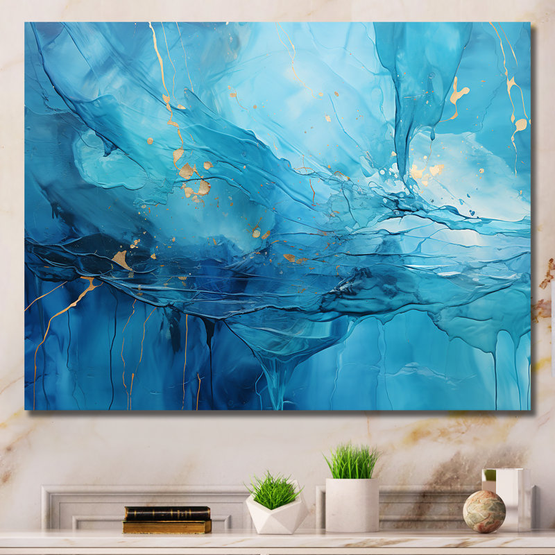 «Blue and White Cool Water Drip - Abstract Collages Wall Art Living Room», H 12 po x l 20 po x P 1 po, Toile tendue