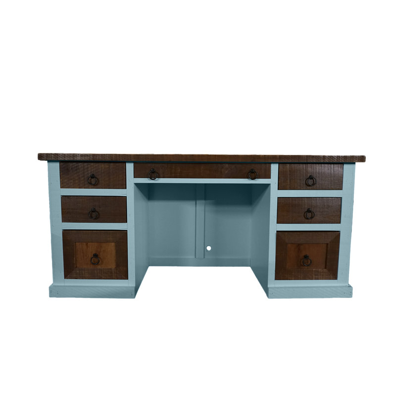 Rustic Two Tone Solid Wood Executive Computer Desk, Blue