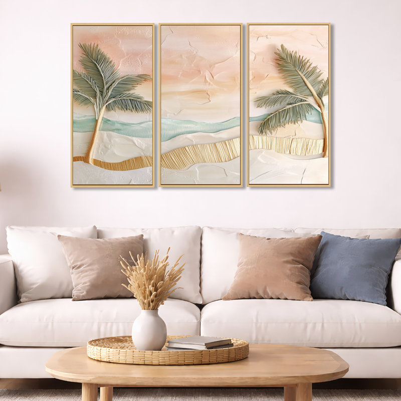 «Tropical Beach», art mural feuille de palmier - ensemble de 3 toiles encadrées Jamil, H 32 po x l 48 po, Cadre crème crème