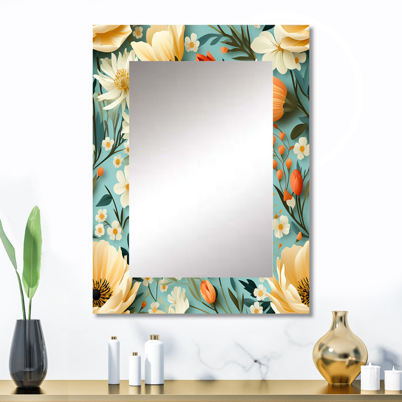 Agalia beige Popart Funky Floral Serenade - miroir mural floral unique, miroir de chalet, impression d'art en métal